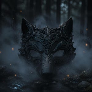Könnte beinhalten: Eine mattschwarze Wolfsmaske mit komplizierten, erhabenen Filigran- und Schnörkelmustern auf Stirn und Schnauze. Die Maske hat spitze Ohren, mandelförmige Augenöffnungen und eine strukturierte Oberfläche, umgeben von wirbelndem, grauem Nebel.