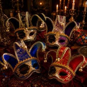 May include: Four jester masks featuring three-pointed hats with gold trim and small bells. The masks are colored black, purple, blue, and red, each with intricate gold filigree patterns around the eye openings and patterned fabric accents.