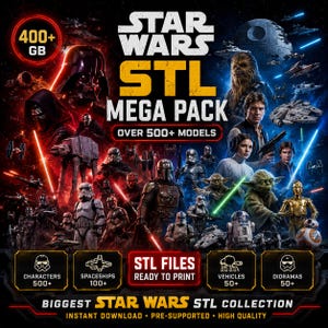 以下が含まれることがあります： 500種類以上の3Dプリント用モデルを含むStar Wars STLメガパック。キャラクター、宇宙船、乗り物、ジオラマなどが含まれています。画像にはダース・ベイダー、ヨーダ、ハン・ソロなどの象徴的なキャラクターが描かれており、データ容量は400GB以上です。