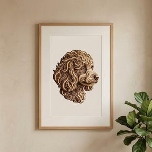 May include: A framed wall art print featuring a stylized, layered illustration of a curly-haired dog head in profile. The artwork uses various shades of brown and cream to create depth and texture, set against a plain off-white background.