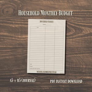 May include: A beige household monthly budget planner sheet with a grid for tracking finances. The header reads Household Finances, and the bottom includes the text Woodland Homestead. The text A5 + B5 (Journal) and PDF Instant Download appear.