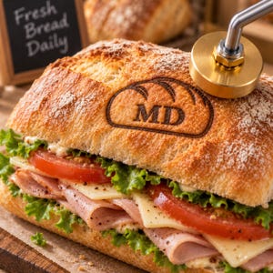 May include: A sandwich on crusty bread with a branded logo reading MD, featuring layers of sliced ham, white cheese, fresh green lettuce, and red tomato slices. A circular brass branding iron is positioned on top of the bread crust.
