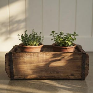 May include: A rectangular wooden crate with dark metal bands on the sides, containing two terracotta pots. Each pot holds a small green herb plant. The wood has a natural brown finish with visible grain, and the pots have a simple, rounded rim.