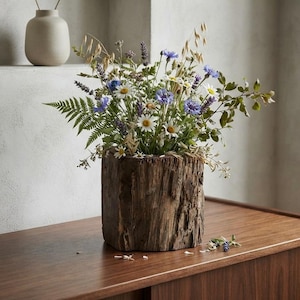Op de afbeelding: Een cilindrische vaas gemaakt van een donkerbruin, getextureerd stuk natuurlijke boomstam. De vaas is gevuld met een kleurrijk arrangement van witte madeliefjes, blauwe korenbloemen, paarse lavendel, groene varens en haverstengels.