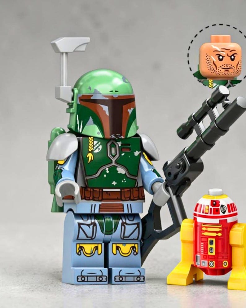 May include: A Boba Fett LEGO minifigure with a green helmet, green chest armor, and light blue limbs, holding a black blaster rifle. Beside it stands a small red and yellow droid. An alternate human head with a scarred face is shown above.