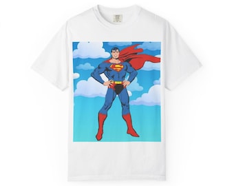 Superhero Standing Pose T-shirt | Retro Comic Cape Sky