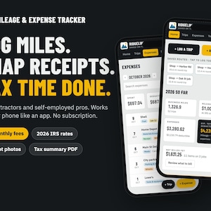 Mileage Expense Tracker for Contractors, Self-Employed, Receipt Photos, Tax Summary (Digital Download)