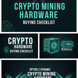 Könnte beinhalten: Eine digitale Grafik mit dem Titel Crypto Mining Hardware Buying Checklist, die ein türkisfarbenes Spitzhacken-Symbol, Leiterplattenmuster und technische Hardware-Illustrationen mit dem Text GGU und #00e5cc auf dunklem Grund zeigt.