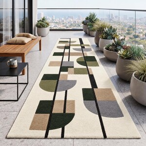 Modern geometrisch vloerkleed, tapijt met abstracte vormen, crèmegroen vloerkleed, eigentijdse woonkamerdecoratie, minimalistische slaapkamerloper, boho vloerkleed