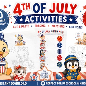Op de afbeelding: Een set van 30 printbare 4 juli-activiteitenbladen voor kinderen van 3-6 jaar, met knip-, plak-, overtrek- en matchopdrachten. De pagina's bevatten illustraties van een eendje, kitten, pinguïn en beer in een patriottisch rood, wit en blauw thema.