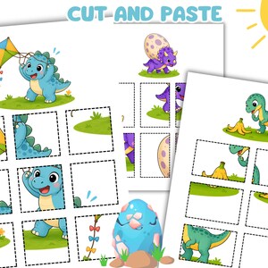 May include: A printable activity sheet titled CUT-AND-PASTE featuring colorful cartoon dinosaurs. The pages include grid-based puzzles with dashed lines for cutting, showing a blue dinosaur with a kite, a purple dinosaur, and a green dinosaur with a banana.