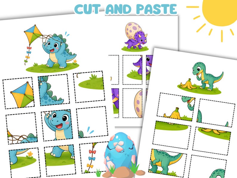 May include: A printable activity sheet titled CUT-AND-PASTE featuring colorful cartoon dinosaurs. The pages include grid-based puzzles with dashed lines for cutting, showing a blue dinosaur with a kite, a purple dinosaur, and a green dinosaur with a banana.
