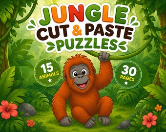 30 Jungle Animals Cut & Paste Puzzles | Preschool Worksheets | Easy and Advanced | Scissor Skills PDF