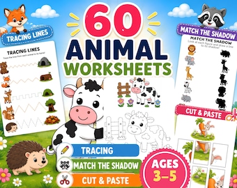 60 Animal Tracing Worksheets | Cut and Paste, Match the Shadow, Patterns | Kindergarten Readiness PDF