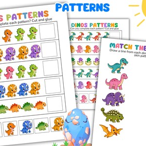 May include: Educational activity sheets featuring colorful cartoon dinosaur illustrations. The pages include tasks titled DINOS PATTERNS and MATCH THE PATTERN, with sequences of dinosaurs to complete by cutting and gluing, and lines to connect dinosaurs to skin patterns.