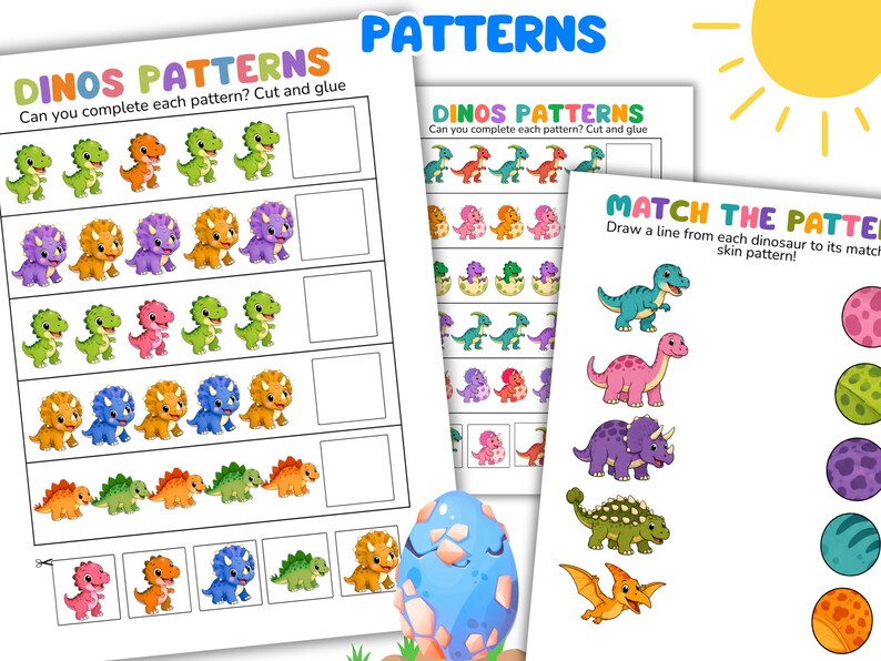 May include: Educational activity sheets featuring colorful cartoon dinosaur illustrations. The pages include tasks titled DINOS PATTERNS and MATCH THE PATTERN, with sequences of dinosaurs to complete by cutting and gluing, and lines to connect dinosaurs to skin patterns.