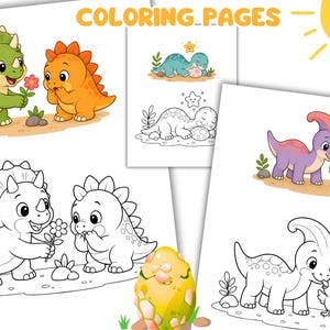 May include: Coloring pages featuring cartoon dinosaurs and a yellow sun with the text COLORING PAGES. The illustrations include a green triceratops with a flower, an orange dinosaur, a blue dinosaur with a star, and a purple dinosaur with a chick.
