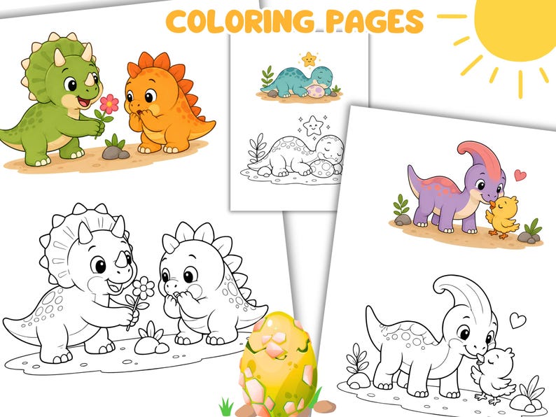 May include: Coloring pages featuring cartoon dinosaurs and a yellow sun with the text COLORING PAGES. The illustrations include a green triceratops with a flower, an orange dinosaur, a blue dinosaur with a star, and a purple dinosaur with a chick.
