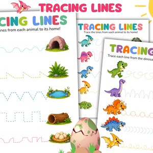 May include: Three educational worksheets titled TRACING LINES featuring colorful cartoon dinosaurs and various dotted paths leading to homes or objects. The pages include illustrations of a cave, pond, log, nest, crystals, and dinosaur eggs for children.