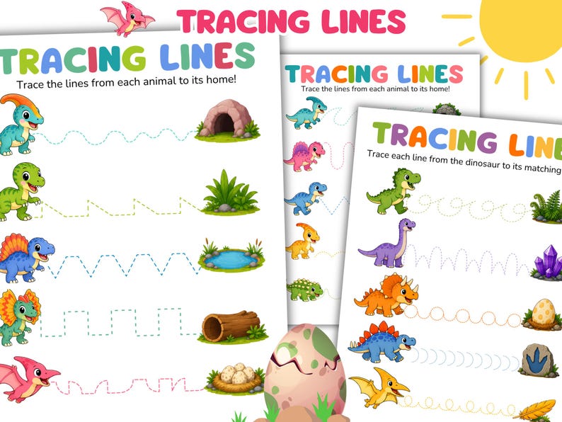 May include: Three educational worksheets titled TRACING LINES featuring colorful cartoon dinosaurs and various dotted paths leading to homes or objects. The pages include illustrations of a cave, pond, log, nest, crystals, and dinosaur eggs for children.