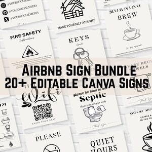 May include: A collection of printable signs for rental properties featuring black text and line art icons on a white background. The signs include instructions for fire safety, wifi access with a QR code, septic system rules, and coffee station details.