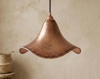 Hammered Copper Pendant Light, Oxidized Wavy Ceiling Fixture, Moroccan Artisan Bohemian Decor