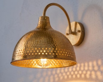 Handmade Hammered Brass Wall Sconce, Gooseneck Bell Light, Rustic Moroccan Wall Lamp, Vintage Boho Bedroom Lighting