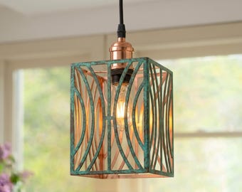Handgefertigte Kupfer-Pendelleuchte, marokkanisches Kunsthandwerk, oxidierte Oberfläche, Boho-Industrie-Lampe