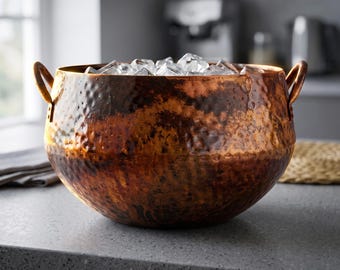 Handmade Hammered Copper Ice Bucket with Handles, Rustic Copper Champagne Cooler, Cocktail Barware, Unique Housewarming Gift