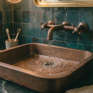 Peut inclure: Un évier carré en cuivre martelé avec un robinet en bronze fixé au mur déversant de l'eau dans la vasque. L'évier est encastré dans un comptoir en marbre vert foncé devant un mur de carreaux bleu sarcelle. Un distributeur de savon est présent.
