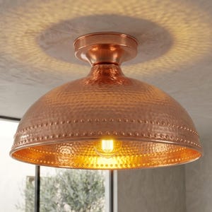 Handmade Hammered Copper Flush Mount Ceiling Light | Rustic Dome Pendant Lamp | Farmhouse Kitchen Lighting | Vintage Copper Ceiling Fixture