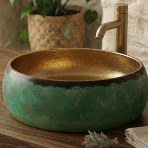 Green Patina Copper Vessel Sink - Handmade Round Bathroom Sink -Rustic Vanity Basin - Luxury Farmhouse Copper Wash Bowl