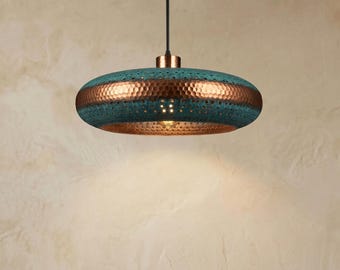 Handmade Blue Patina Copper Dome Pendant Light - Rustic Blue Dome Hanging Lamp - Artisan Ceiling Fixture