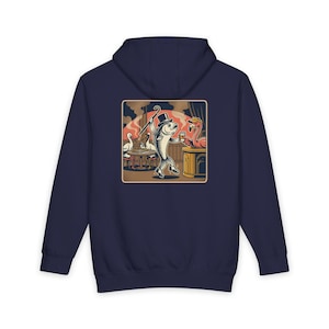 Tańcząca stepowa ryba kupuje kawę w klubie mahjongowym. Bluza z kapturem klubowa | Ilustracja muzyczna w stylu retro.