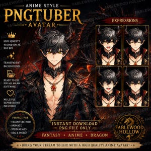 以下が含まれることがあります： 黒髪、角、黄色の目を持つキャラクターのアニメ風PNGTuberアバター。黒と赤の質感のある衣装に赤い宝石のネックレスを着用。4つの異なる表情とドラゴンの背景が含まれています。