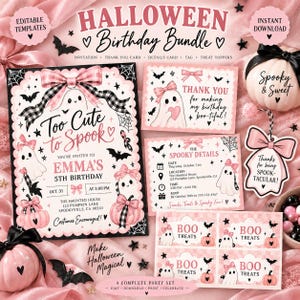 May include: A Halloween birthday bundle featuring editable templates for invitations, thank you cards, and treat toppers. The design includes pink and black ghosts, pumpkins, bows, and bats with text such as Too Cute to Spook and Boo Treats.