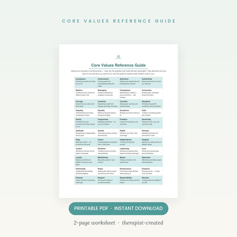 K&ouml;nnte beinhalten: Ein Core Values Reference Guide Arbeitsblatt mit einem Raster aus W&ouml;rtern und Definitionen. Das Dokument enth&auml;lt Begriffe wie Acceptance, Balance, Courage und Empathy, die in einer hellblauen Tabelle angeordnet sind. Der Text lautet Printable PDF Instant Download.