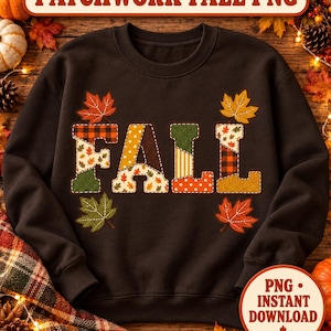 Herfstpatchwork PNG met herfstbladeren, nepstikselontwerp voor shirts, tassen en mokken, digitale download