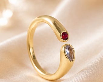 Anello aperto con doppia pietra per donna / Anello regolabile placcato oro / Zircone rosso e cristallo / Anello con doppia pietra preziosa / Regalo per lei / Anello elegante