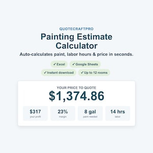 Può includere: Strumento digitale QuoteCraftPro Painting Estimate Calculator. Il testo recita: Auto-calculates paint, labor hours & price in seconds. Include Excel, Google Sheets, Instant download, Up to 12 rooms. Mostra $1.374,86 preventivo, $317 profitto, 23% margine, 8 gal, 14 hrs.