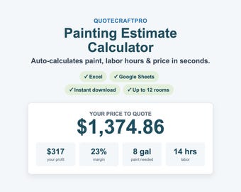 Puede incluir: Herramienta digital QuoteCraftPro Painting Estimate Calculator. El texto dice: Auto-calculates paint, labor hours & price in seconds. Incluye Excel, Google Sheets, Instant download, Up to 12 rooms. Muestra $1,374.86 presupuesto, $317 beneficio, 23% margen, 8 gal, 14 hrs.