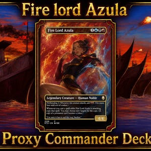 Peut inclure: Une carte à collectionner rectangulaire intitulée Fire Lord Azula représentant un personnage entouré de flammes orange et d'énergie bleue. Le texte inclut Legendary Creature - Human Noble, Firebending 2 et une valeur de 4/4.