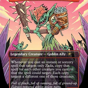 Może przedstawiać: Karta kolekcjonerska Magic: The Gathering zatytułowana Zada, Hedron Grinder przedstawiająca zielonego goblina trzymającego kolczastą drewnianą maczugę i noszącego plecak wypełniony kryształami. Tekst karty zawiera nazwę, koszt, typ i zasady.