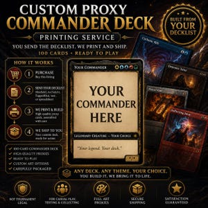 May include: A custom proxy commander deck printing service advertisement featuring a central card template labelled YOUR COMMANDER HERE, surrounded by example cards like Cyclonic Rift and Mana Vault, with text detailing the four-step ordering process.