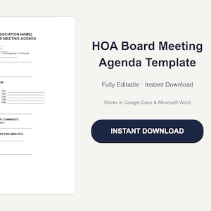 Puede incluir: Una plantilla digital de agenda para reuniones de la junta de HOA que incluye secciones para fecha, hora, ubicaci&oacute;n, tipo de reuni&oacute;n, llamado al orden, establecimiento de qu&oacute;rum, foro abierto y aprobaci&oacute;n de actas con campos de texto.