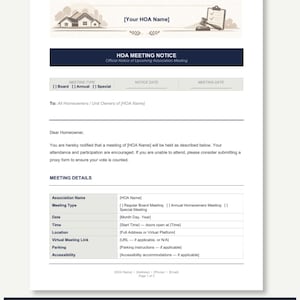 de lettre de convocation HOA | Document Word modifiable | Téléchargement instantané | Formulaires du conseil d'administration de la HOA | Professionnelle