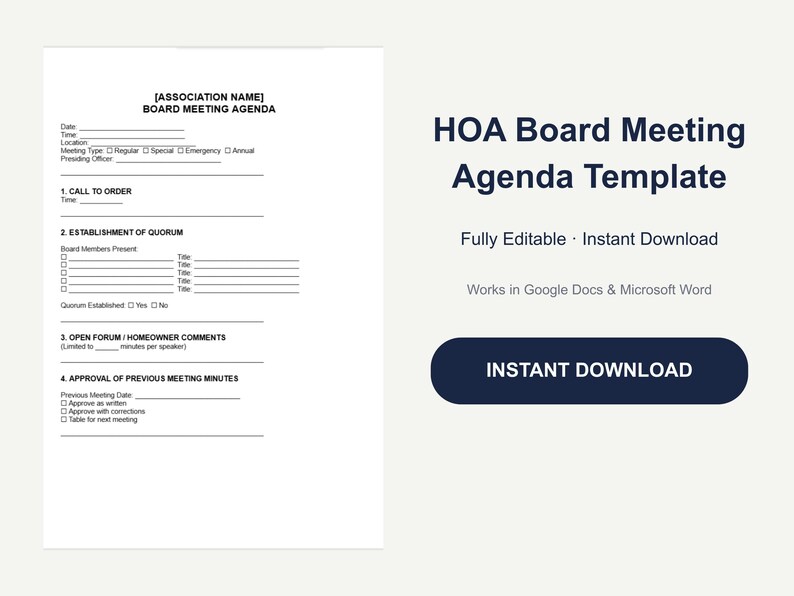 Puede incluir: Una plantilla digital de agenda para reuniones de la junta de HOA que incluye secciones para fecha, hora, ubicaci&oacute;n, tipo de reuni&oacute;n, llamado al orden, establecimiento de qu&oacute;rum, foro abierto y aprobaci&oacute;n de actas con campos de texto.
