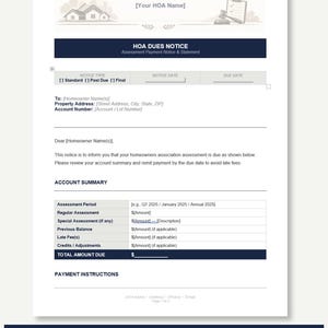 Puede incluir: Una plantilla de documento editable para aviso de cuotas de asociación de propietarios con un encabezado que incluye un icono de casa y un mazo, una barra de título azul oscuro, secciones para tipo de aviso, dirección y resumen de cuenta.