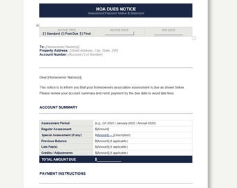 Plantilla de carta de aviso de cuotas de la asociación de propietarios / Documento de Word editable / Descarga instantánea / Aviso de evaluación de la asociación de propietarios / Profesional