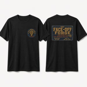 May include: A black short-sleeve t-shirt featuring a small circular logo on the front with a lacrosse stick and the text LAX WORK CO. EST 2020. The back displays a large rectangular graphic reading THE FACE-OFF FORGE LAX WORK CO.